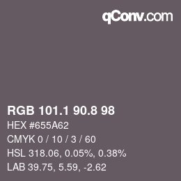 Color code: RGB 101.1 90.8 98 | qconv.com