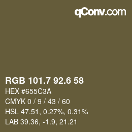 カラーコード: RGB 101.7 92.6 58 | qconv.com