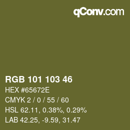 Color code: RGB 101 103 46 | qconv.com