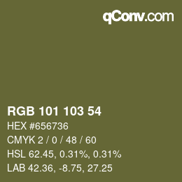 Color code: RGB 101 103 54 | qconv.com