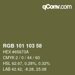 Color code: RGB 101 103 58 | qconv.com