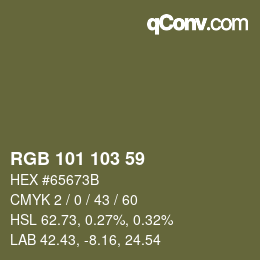 Color code: RGB 101 103 59 | qconv.com
