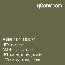 Color code: RGB 101 103 71 | qconv.com