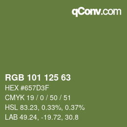 Color code: RGB 101 125 63 | qconv.com