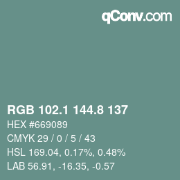 カラーコード: RGB 102.1 144.8 137 | qconv.com