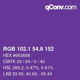 カラーコード: RGB 102.1 54.8 152 | qconv.com