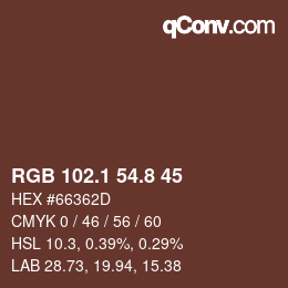 Color code: RGB 102.1 54.8 45 | qconv.com