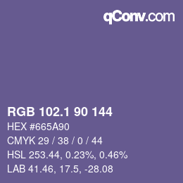 カラーコード: RGB 102.1 90 144 | qconv.com
