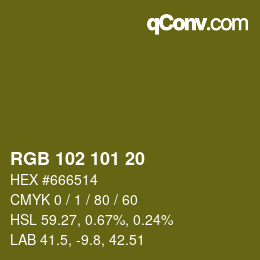 Color code: RGB 102 101 20 | qconv.com