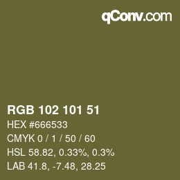 颜色代码: RGB 102 101 51 | qconv.com