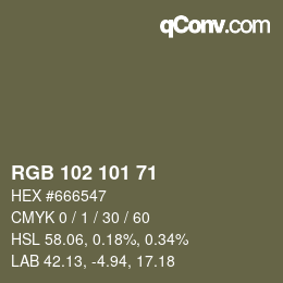 Color code: RGB 102 101 71 | qconv.com