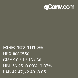 Color code: RGB 102 101 86 | qconv.com