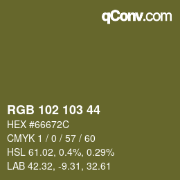 Color code: RGB 102 103 44 | qconv.com