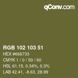 颜色代码: RGB 102 103 51 | qconv.com