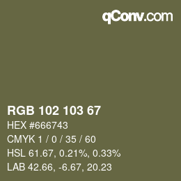 Color code: RGB 102 103 67 | qconv.com