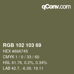 カラーコード: RGB 102 103 69 | qconv.com