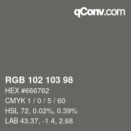 Color code: RGB 102 103 98 | qconv.com