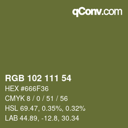 Color code: RGB 102 111 54 | qconv.com