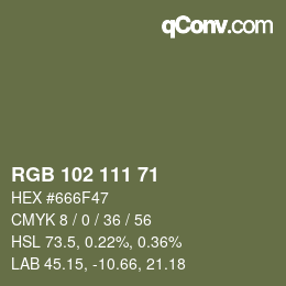 Color code: RGB 102 111 71 | qconv.com