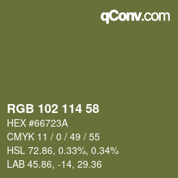 Color code: RGB 102 114 58 | qconv.com