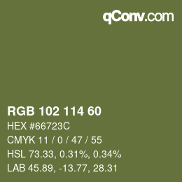 Color code: RGB 102 114 60 | qconv.com