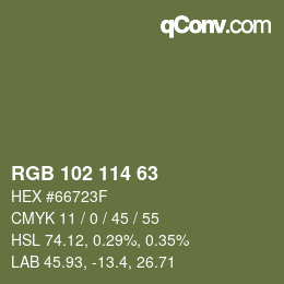 Color code: RGB 102 114 63 | qconv.com