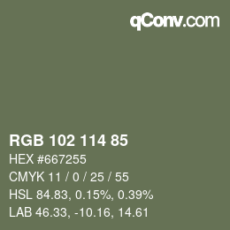 Color code: RGB 102 114 85 | qconv.com