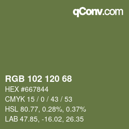 Color code: RGB 102 120 68 | qconv.com