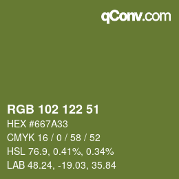 Color code: RGB 102 122 51 | qconv.com