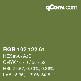 Color code: RGB 102 122 61 | qconv.com