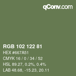 Color code: RGB 102 122 81 | qconv.com