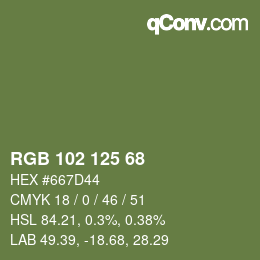 Color code: RGB 102 125 68 | qconv.com