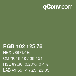 Color code: RGB 102 125 78 | qconv.com