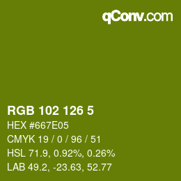 Color code: RGB 102 126 5 | qconv.com
