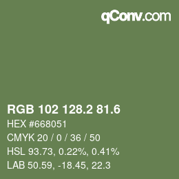 カラーコード: RGB 102 128.2 81.6 | qconv.com