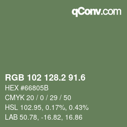 カラーコード: RGB 102 128.2 91.6 | qconv.com