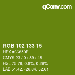 Color code: RGB 102 133 15 | qconv.com