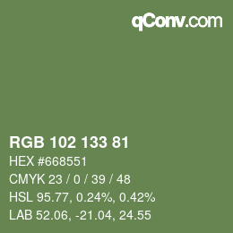 Color code: RGB 102 133 81 | qconv.com