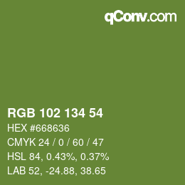 Color code: RGB 102 134 54 | qconv.com