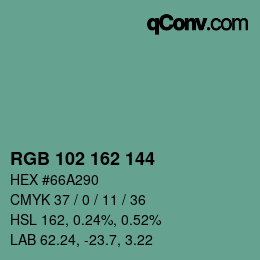 カラーコード: RGB 102 162 144 | qconv.com