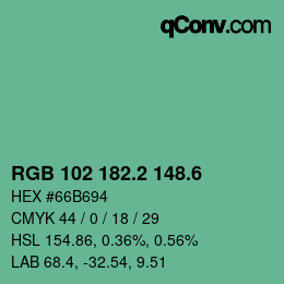 カラーコード: RGB 102 182.2 148.6 | qconv.com