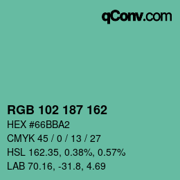 カラーコード: RGB 102 187 162 | qconv.com