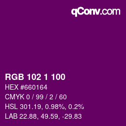 カラーコード: RGB 102 1 100 | qconv.com