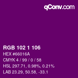 Farbcode: RGB 102 1 106 | qconv.com