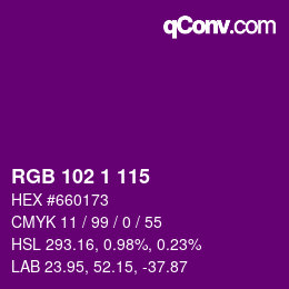 Color code: RGB 102 1 115 | qconv.com