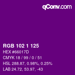 Color code: RGB 102 1 125 | qconv.com