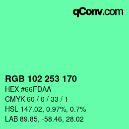 カラーコード: RGB 102 253 170 | qconv.com