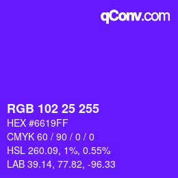 Color code: RGB 102 25 255 | qconv.com