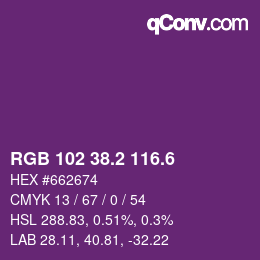 カラーコード: RGB 102 38.2 116.6 | qconv.com