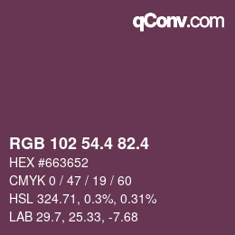 カラーコード: RGB 102 54.4 82.4 | qconv.com